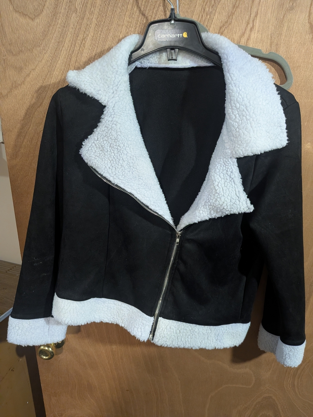SHEIN Black Jacket with White Faux Shearling Trim